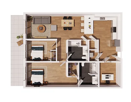 Floor plan 2 Bedroom 2 Bathroom with Den and Terrace