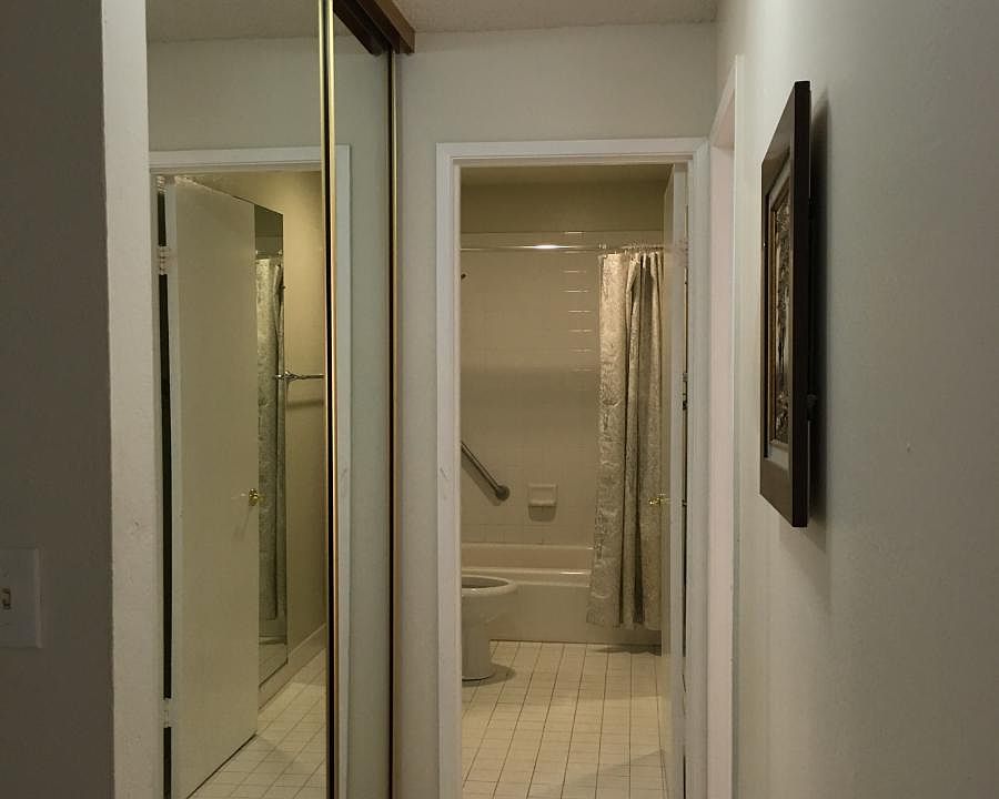Hall with storage leading to bathroom and main BR