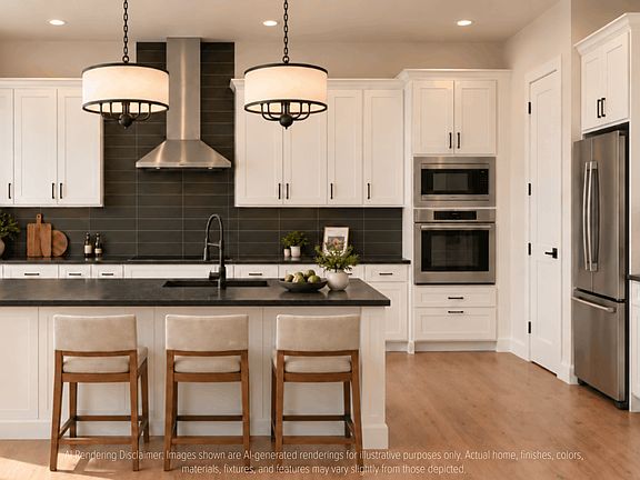 A modern kitchen with white cabinets, a large island with three stools, stainless steel appliances,