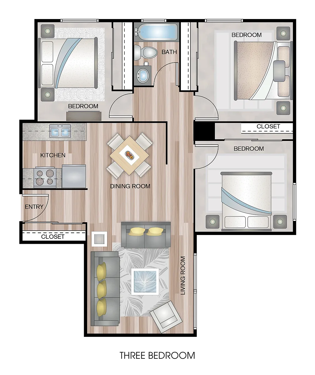 Floor plan Three Beds, One Bath