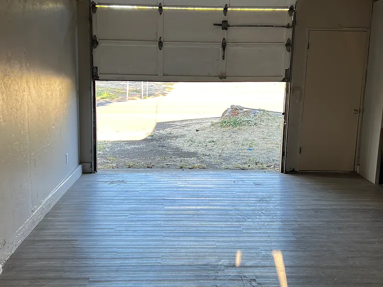 Game room with garage door