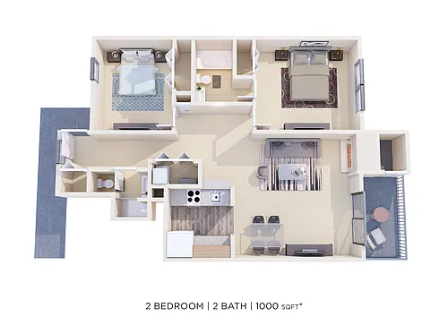 Floor plan Two Bedroom 2 Bath - 1,000 sqft