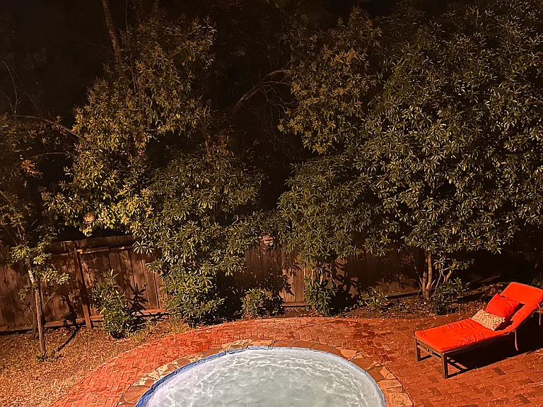 Tree lined private back yard