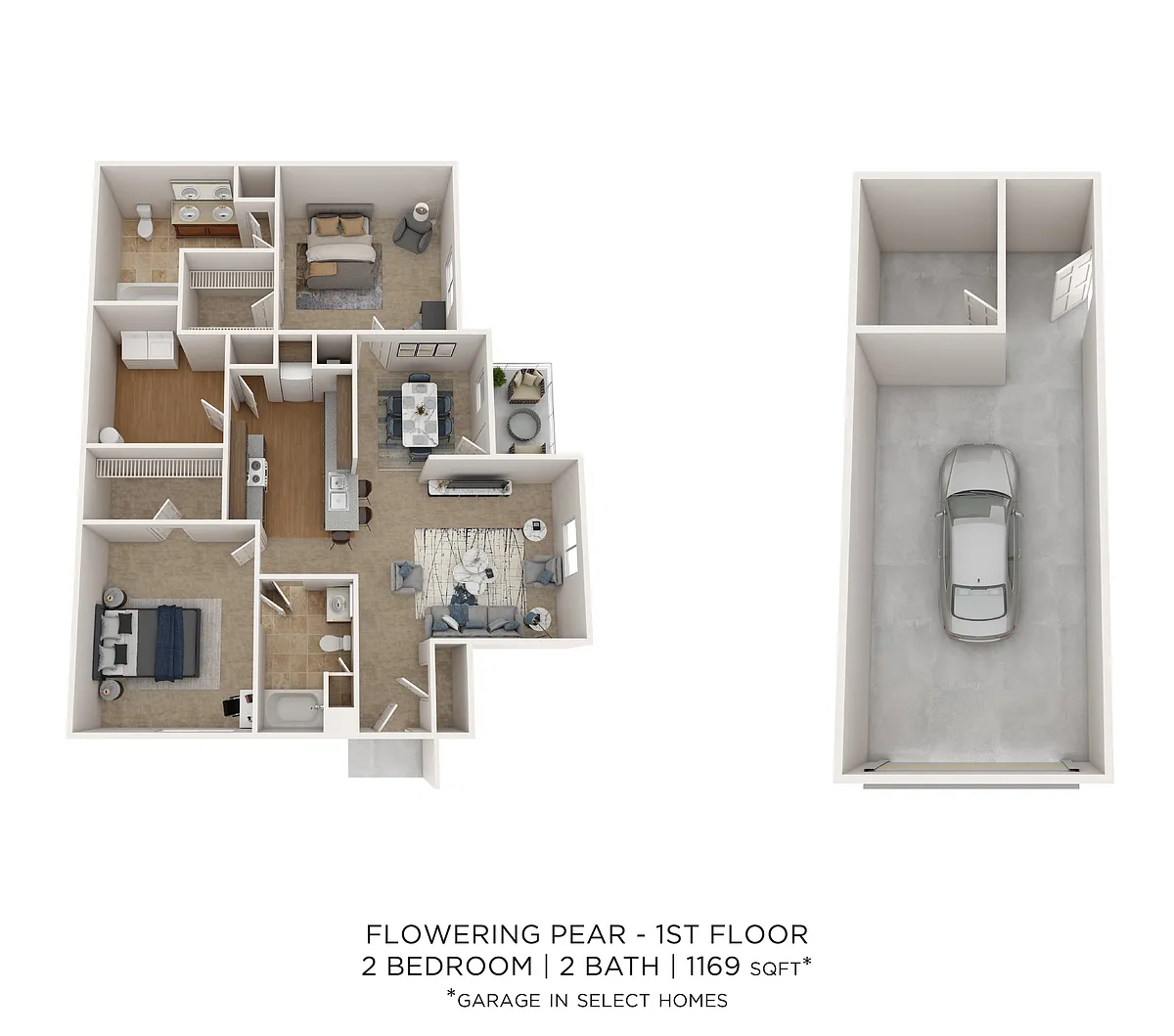 Floor plan Flowering Pear - 2 Bedroom 2 Bath 1169 SqFt