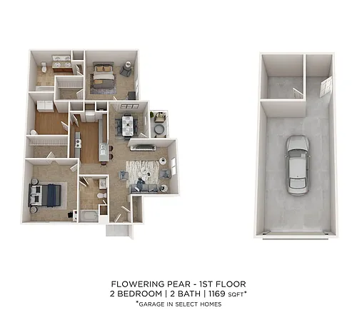 Floor plan Flowering Pear - 2 Bedroom 2 Bath 1169 SqFt