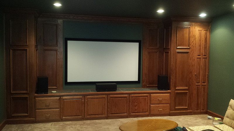Theater : A theater with a projector, screen, and custom woodwork.