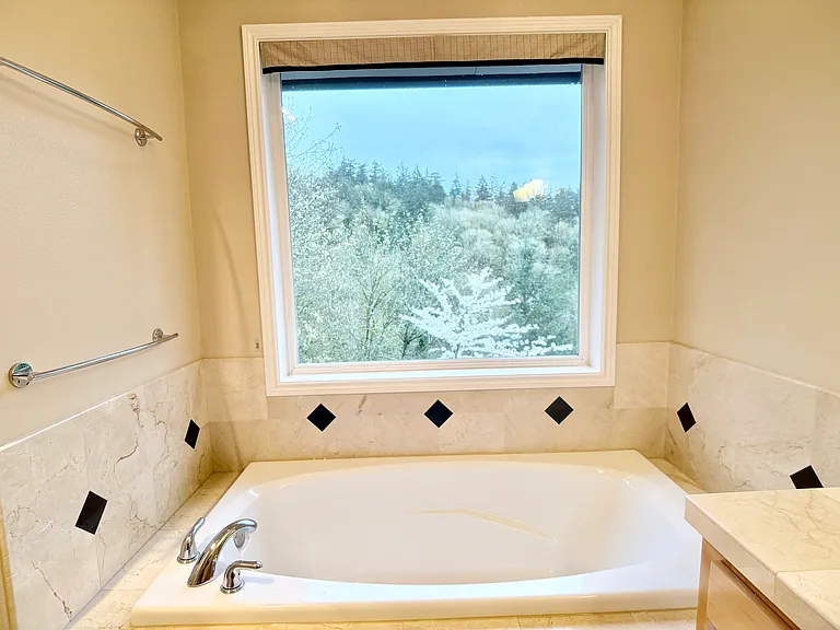 Serene, private view overlooking a lush, forested green space.