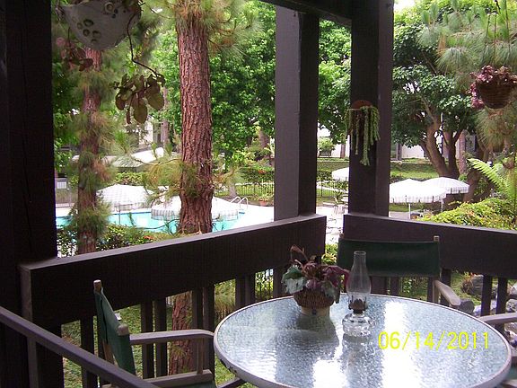 Lush growth surrounds balcony