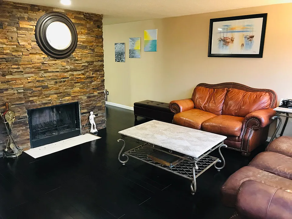 Living room, fireplace view.
