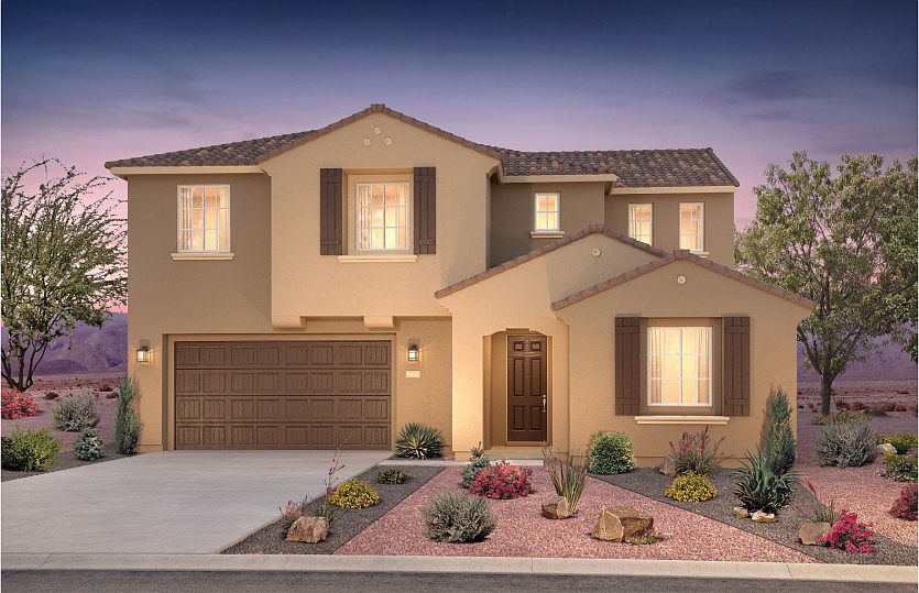 Exterior rendering of the Preston shown in design style A featuring a large 3 car garage.