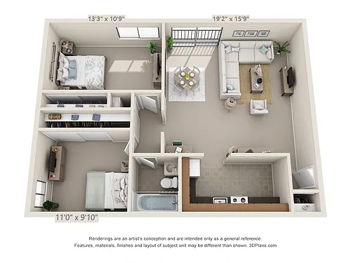 Floor plan 2 Bedroom, 1 Bath (Upper)