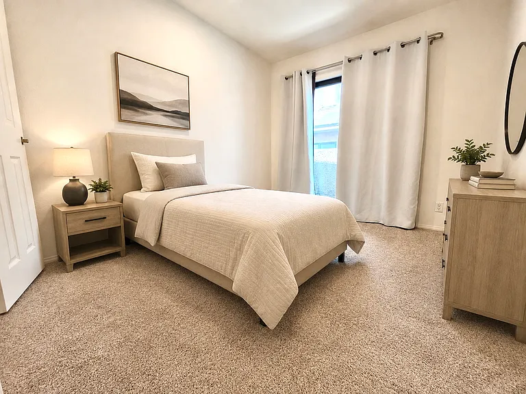 Bedroom 2. Furnished photos are virtually staged for reference. No furnishings are included with lease.