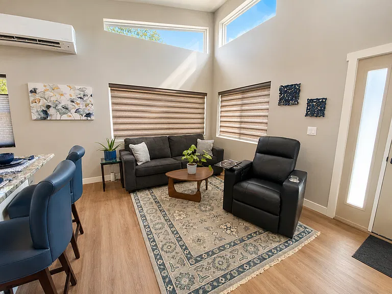 Living Room includes a soft hand-woven rug, and a plush couch with comfortable roll-out sleeper option for guests.