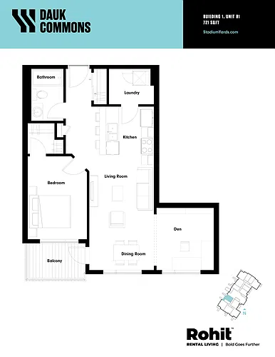 Floor plan Suite B1 - 1 Bed + Den, 1 Bath