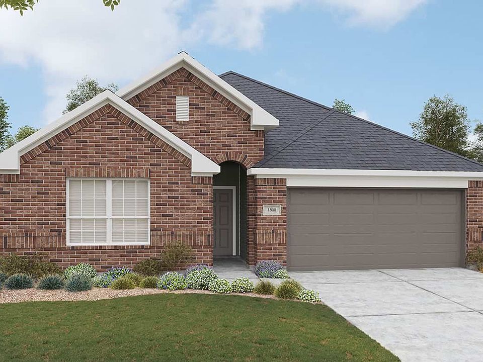 Elegant single-story brick facade with exquisite gable detail and modern garage in Simpson Crossing.