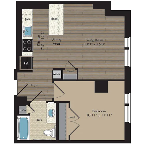 Floor plan 1 Bed/1 Bath 1.1i - 60%