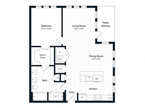 Floor plan One Bedroom One Bath (906 SF)
