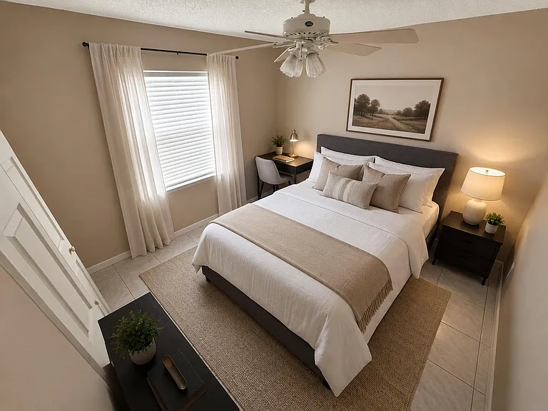 Well-appointed bedroom with a comfortable bed, nightstands, ceiling fan, and a dedicated desk by the window.
