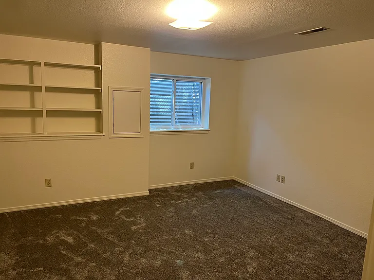 Basement bedroom with built-in shelves