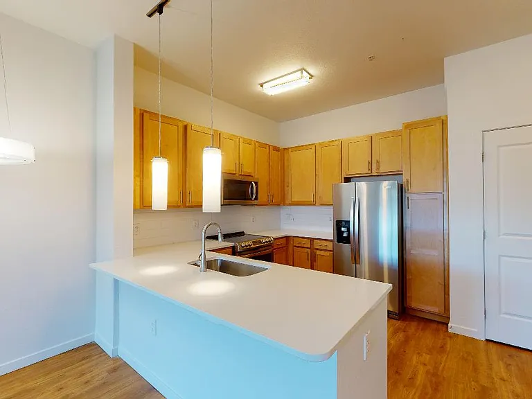 Apartment kitchen with stainless steel appliances, quartz countertops and wood-style flooring.