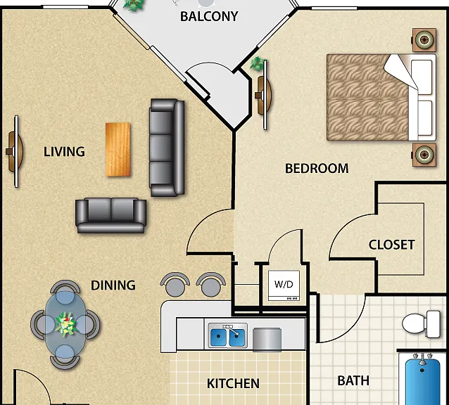 Plan B3 1 Bed 1 Bath Floorplan Diagram