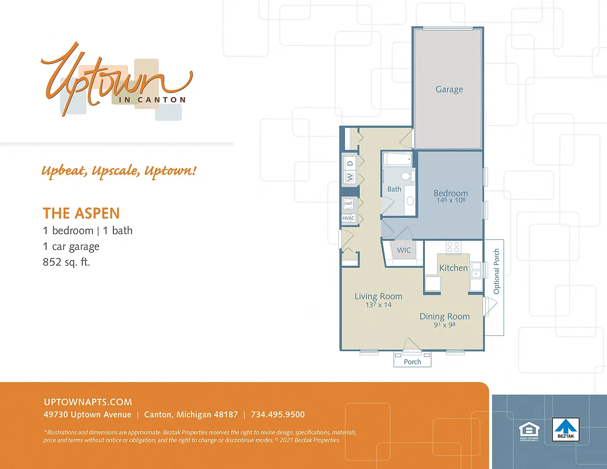 Floor plan The Aspen - includes a 1 car attached garage