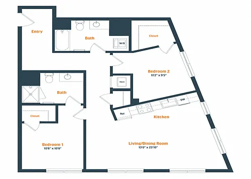 Floor plan B13 | 2 Bed | 2 Bath