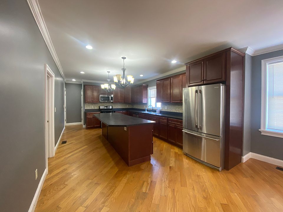 View into the kitchen with large center island.