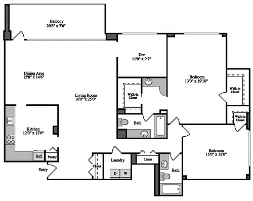 Floor plan 2 Bedroom 2 Bath w/ Den 1600SF 2d2a