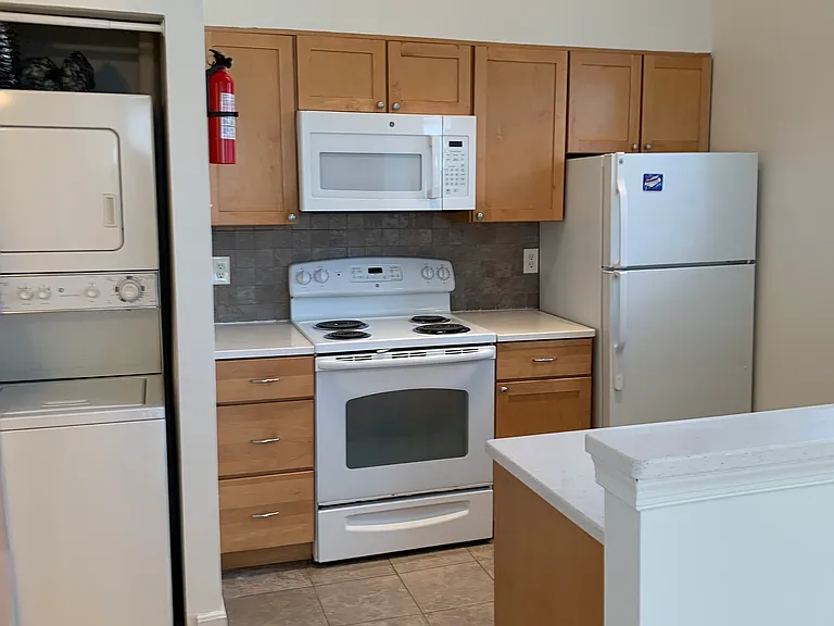 Larger view of kitchen and W/D. Lots of light.