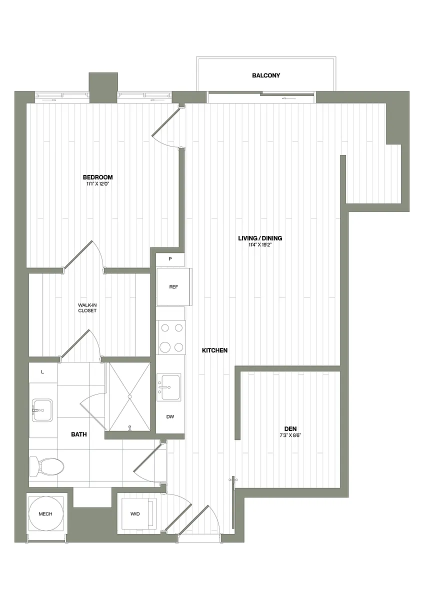 Floor plan 1 Bed/1 Bath Den-D1