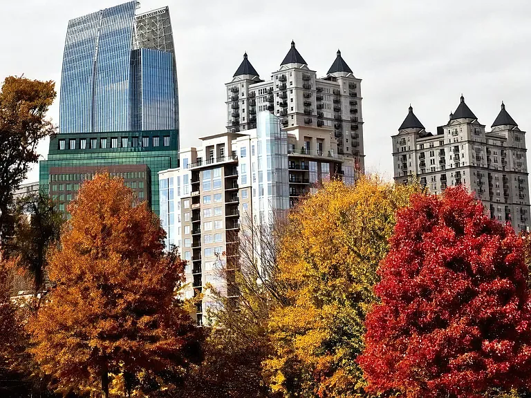 Trees in Fall Colors Framing Midtown Atlanta Residential and Office Towers
