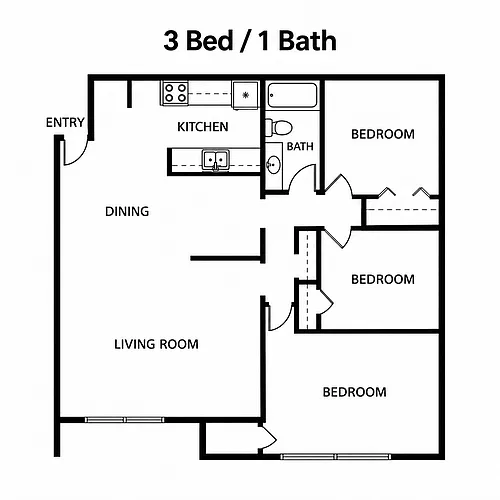 Floor plan 3 Bedroom, 1 Bath