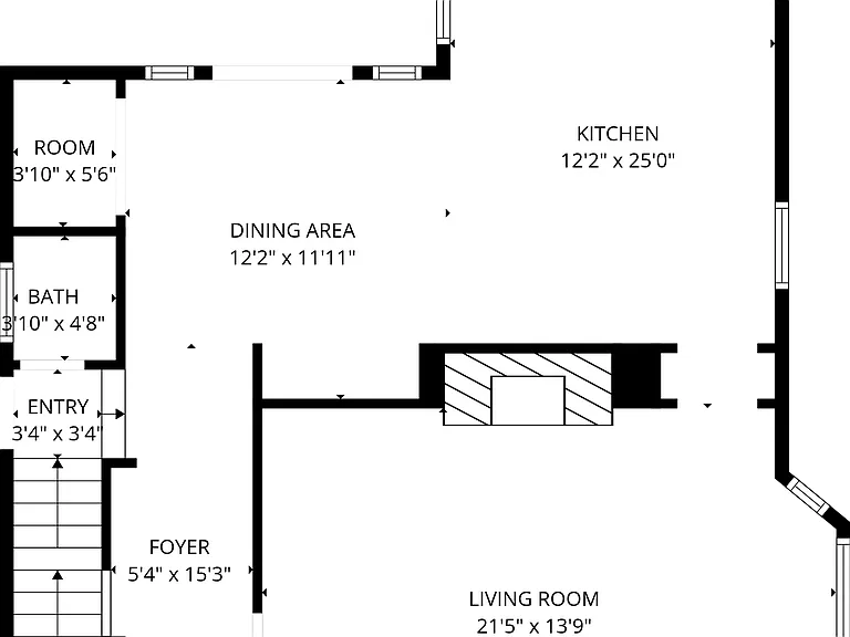 Main level layout. Front door enters into the foyer. Dining room and kitchen face the back patio.