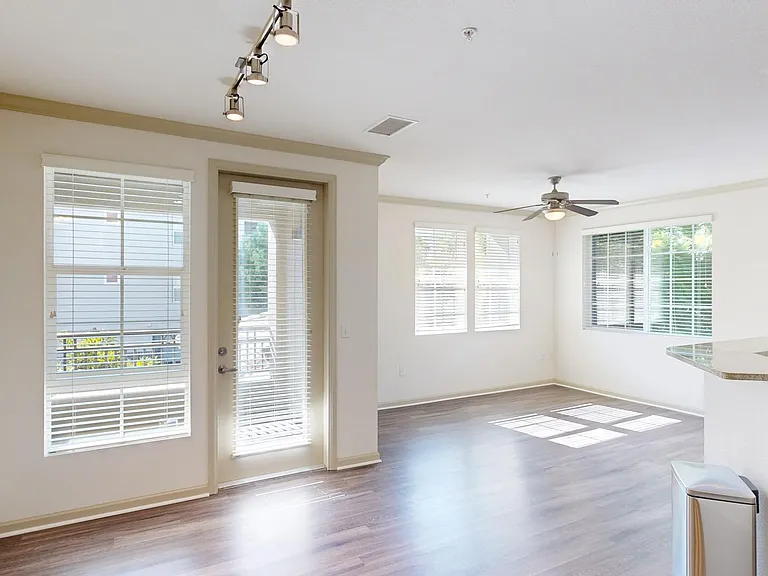 Apartment dining and living room with wood-style flooring.