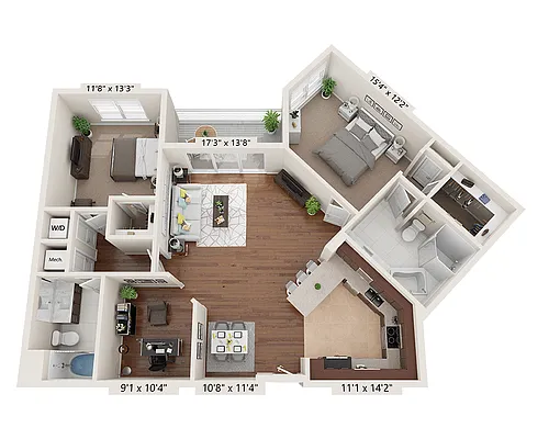 Floor plan Two Bedroom with Den B2C