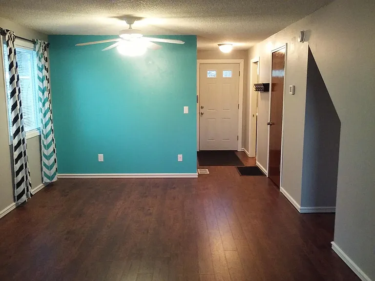 Dining area with ceiling fan. Repainting this wall is allowed. Pantry/storage closet on right.