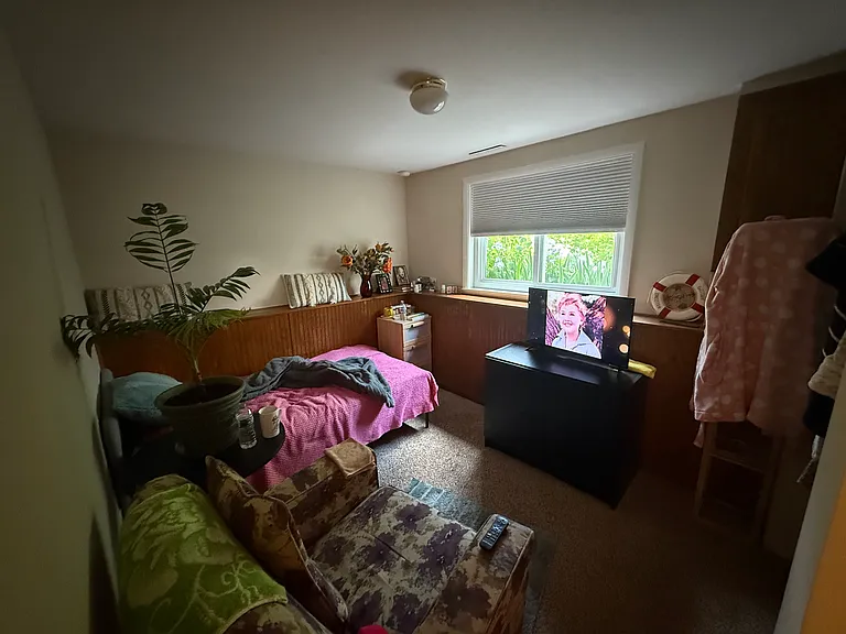 Downstairs Smaller bedroom (current tenant setup : twin bed, plant stand , lazy chair, TV)
