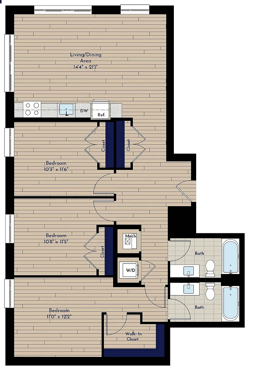 Floor plan B 3BR-D1-70