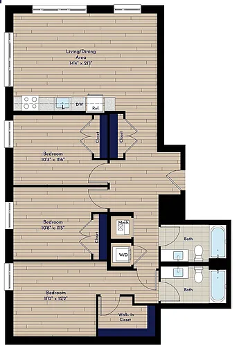 Floor plan B 3BR-D1-70