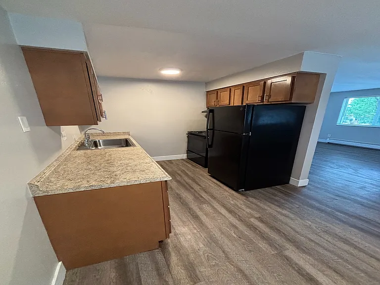 Modern kitchen with sleek wood cabinets, elegant granite countertops, and a spacious black refrigerator in a cozy apartment.