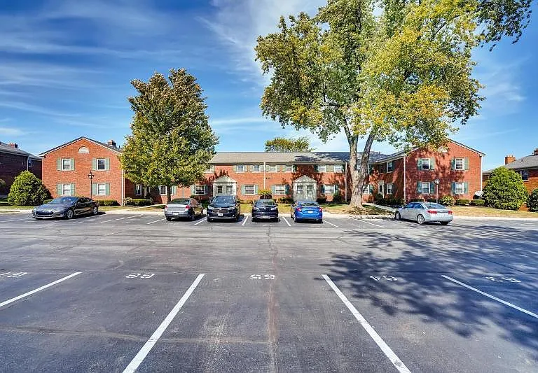 Front view of building with parking spots