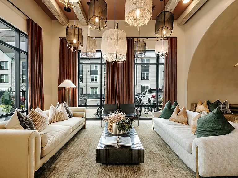 Stylish resident clubroom lounge at Asher Apartments