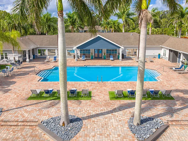 Aerial photo of resort-style pool with palm trees and lounge seating at Grand Oaks Apartments.