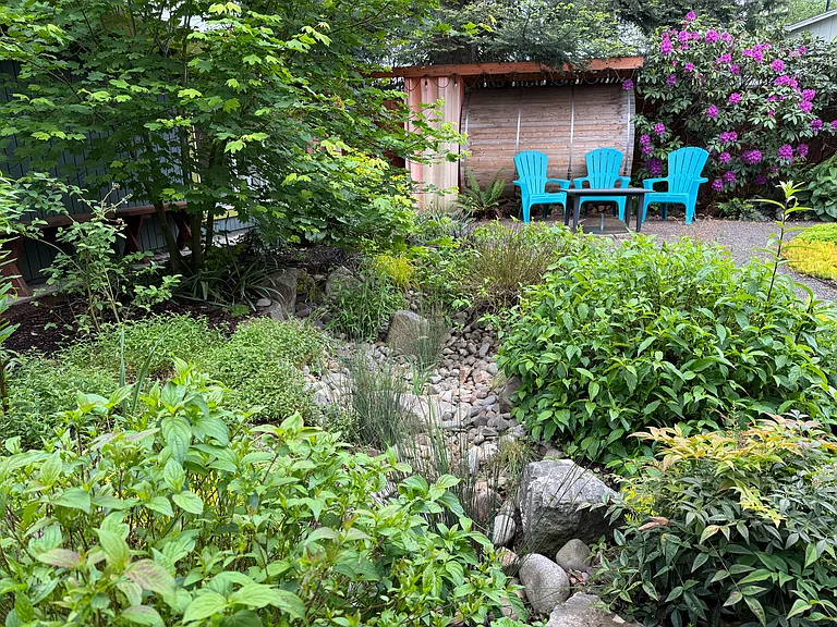 One of the rain gardens to divert the roof water. Barrel sauna & outdoor shower in the back.
