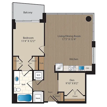 Floor plan 1 Bed-1 Bath Den-B1M1