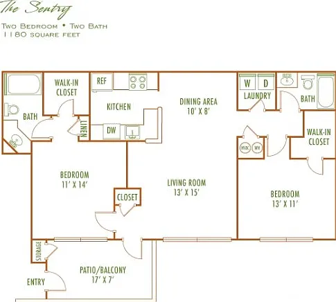 The Sentry floor plan showcasing two bedrooms, two baths, an open dining area, modern kitchen, and spacious living room. Includes a patio/balcony and convenient walk-in closets, covering 1180 square feet. The Sentry floor plan showcasing two bedrooms, two