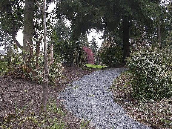 Side yard with gravel path looking across to Highlands Park