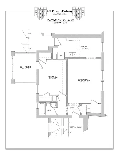 Floor plan 1 Bedroom 1 Bath with Enclosed Sun Room