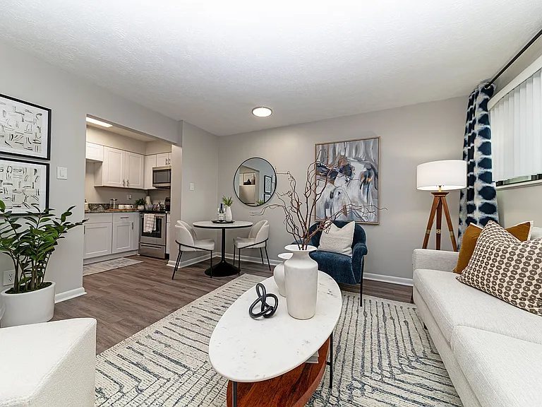Spacious living room with hardwood-style flooring